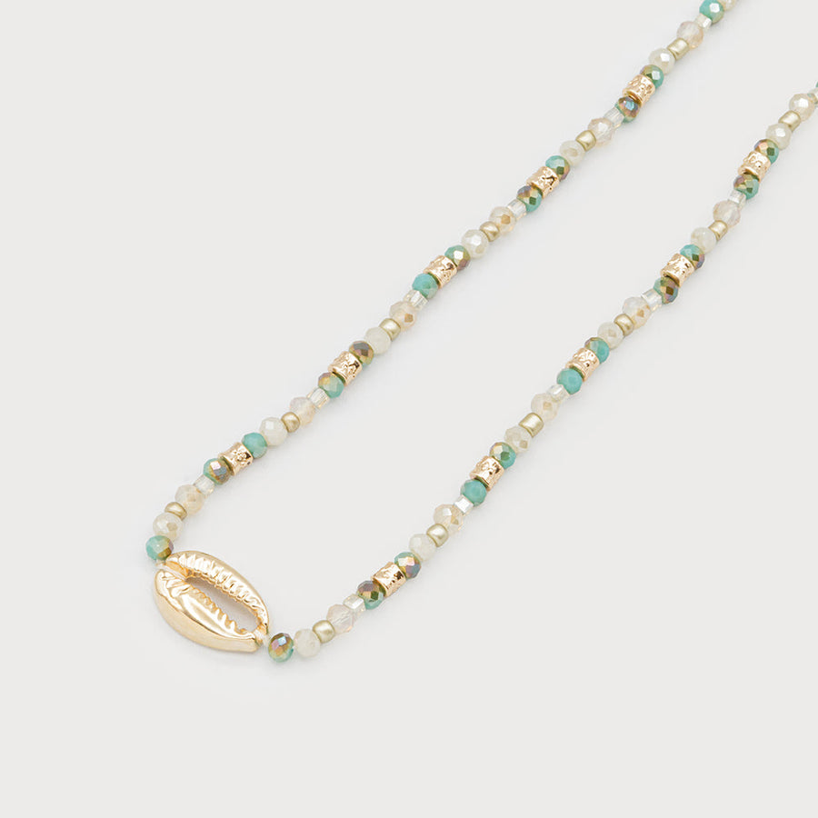 GLASS BEADS NECKLACE WITH METAL SHELL 1743-TRQ-G