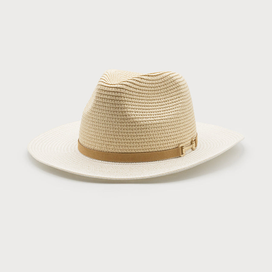 CHAPEAU DE PAILLE BICOLORE AVEC CEINTURE EN FAUX SUÈDE 5054-BGE