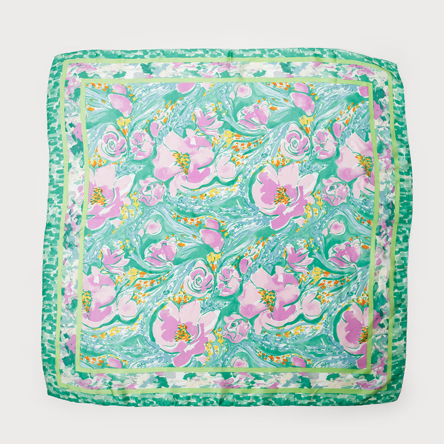 SATIN SQUARED SCARF WITH FLOWER PRINT 6205-GRN