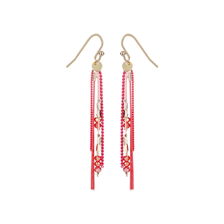 BOUCLES D'OREILLES CHAÎNES COLORÉES ET PERLES ASSORTIES SUR CROCHETS - CORAIL ET OR | COLOURED CHAINS AND MIXED SHAPE GLASS BEADS EARRINGS ON HOOKS  - CORAL & GOLD