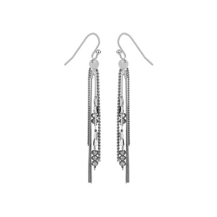 BOUCLES D'OREILLES CHAÎNES COLORÉES ET PERLES ASSORTIES SUR CROCHETS - GRIS ET ARGENT | COLOURED CHAINS AND MIXED SHAPE GLASS BEADS EARRINGS ON HOOKS  - GREY & SILVER